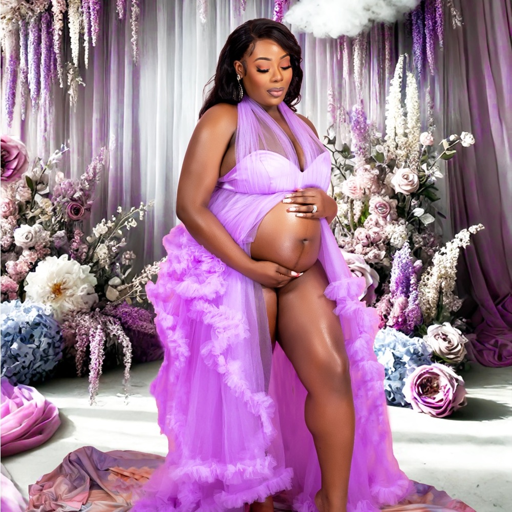 Chic Lilac Tulle Robe Maternity Dress for Photoshoot Sheer Puffy Bridal Robe